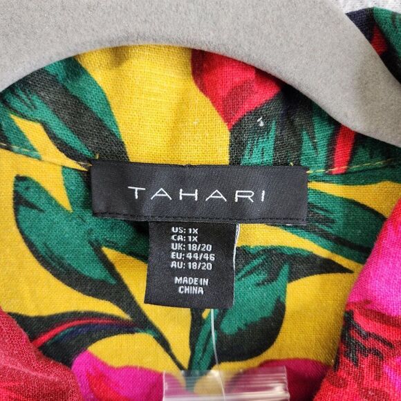 Tahari Jacket Womens 1X Yellow Pink Bright Floral Linen Resort Cruise Tropical - Picture 5 of 12